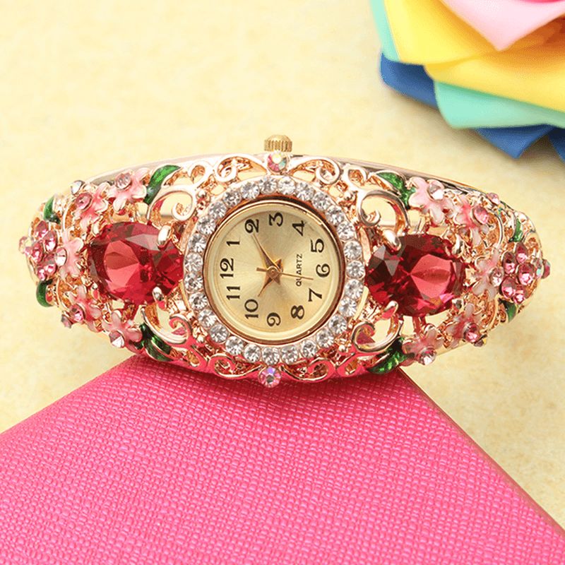 Deffrun Retro Style Dam Armband Watch Flower Diamond Kvartsur