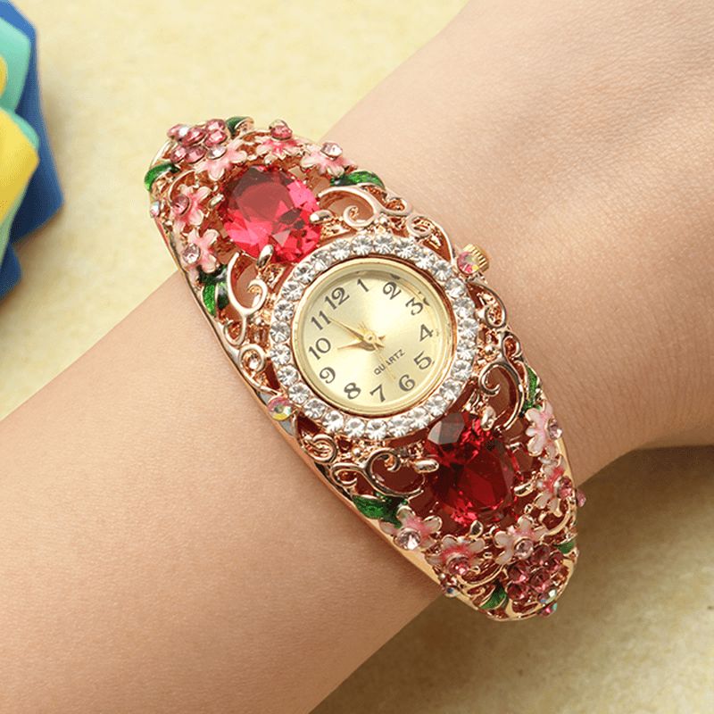 Deffrun Retro Style Dam Armband Watch Flower Diamond Kvartsur