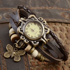 Deffrun Retro Style Flerlager Dam Armband Watch Butterfly Pendant Kvartsur