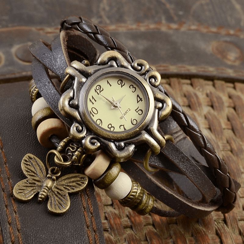 Deffrun Retro Style Flerlager Dam Armband Watch Butterfly Pendant Kvartsur