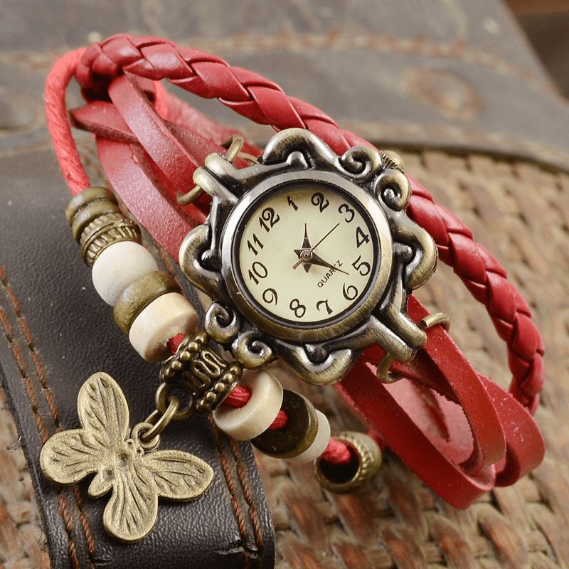 Deffrun Retro Style Flerlager Dam Armband Watch Butterfly Pendant Kvartsur