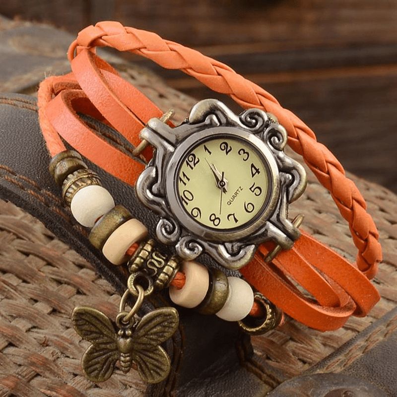 Deffrun Retro Style Flerlager Dam Armband Watch Butterfly Pendant Kvartsur