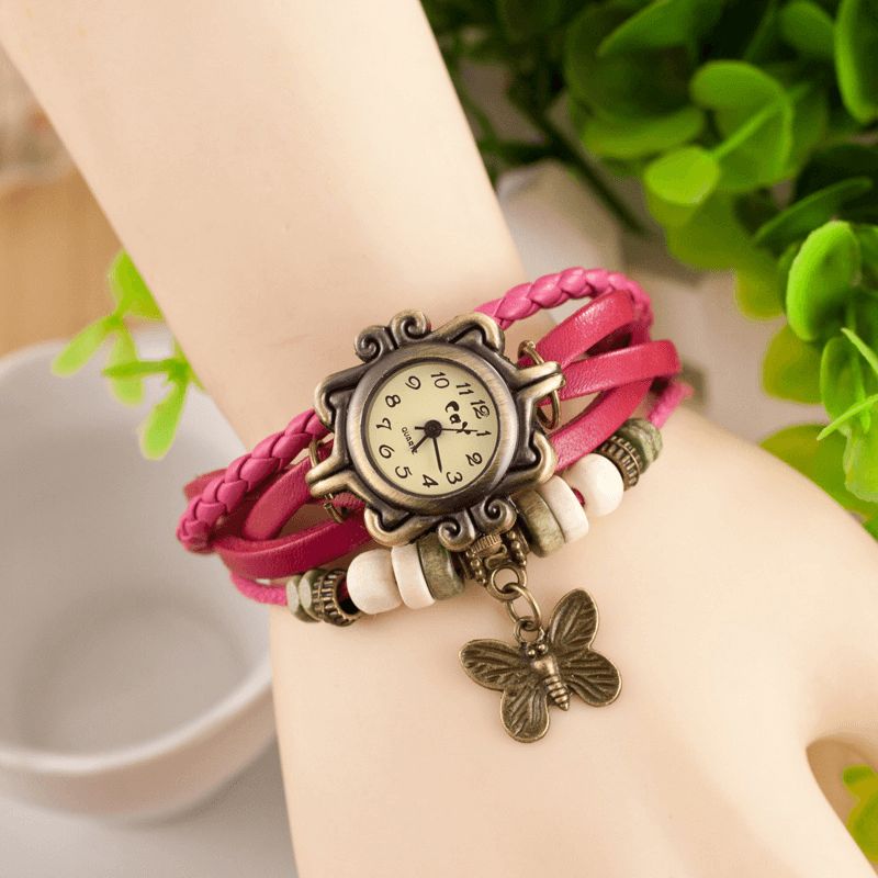 Deffrun Retro Style Flerlager Dam Armband Watch Butterfly Pendant Kvartsur