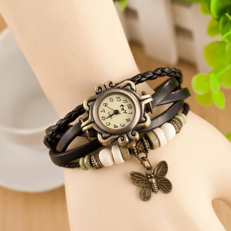 Deffrun Retro Style Flerlager Dam Armband Watch Butterfly Pendant Kvartsur