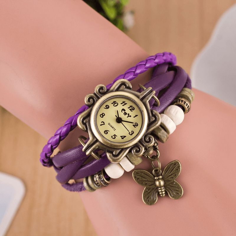 Deffrun Retro Style Flerlager Dam Armband Watch Butterfly Pendant Kvartsur