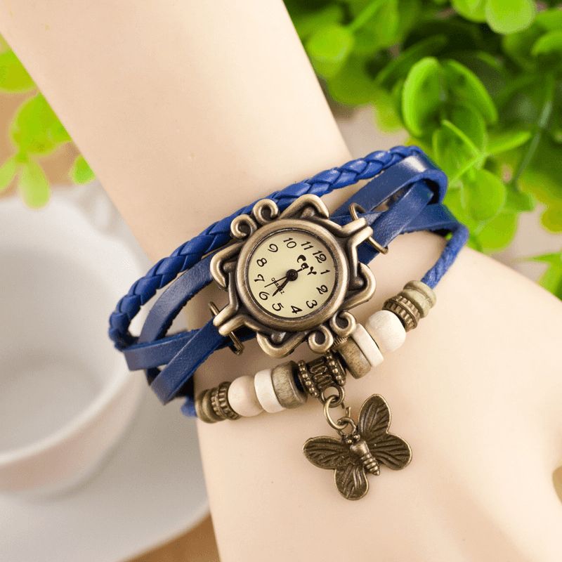 Deffrun Retro Style Flerlager Dam Armband Watch Butterfly Pendant Kvartsur