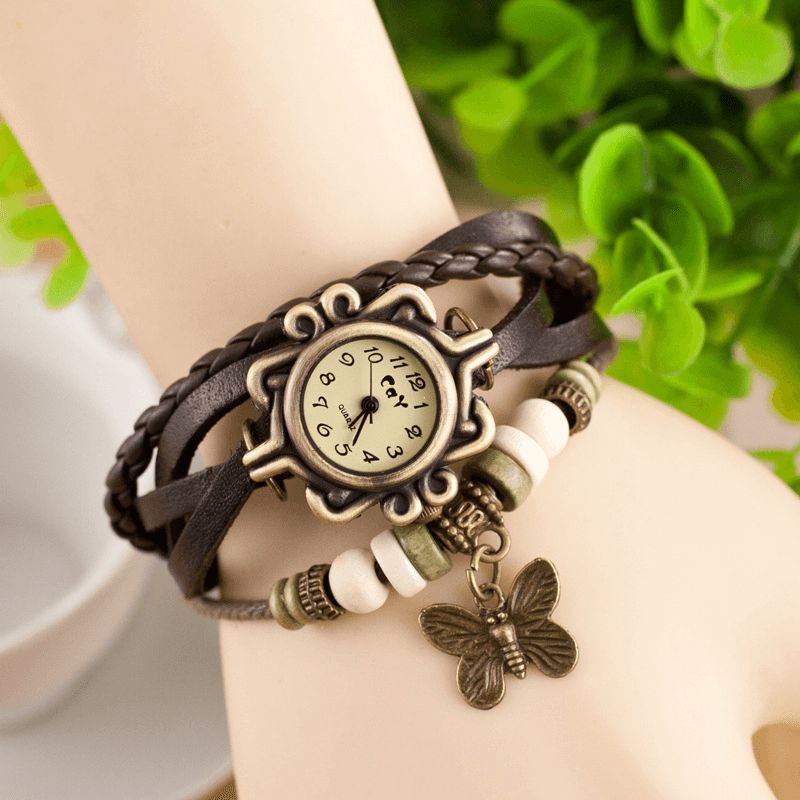 Deffrun Retro Style Flerlager Dam Armband Watch Butterfly Pendant Kvartsur