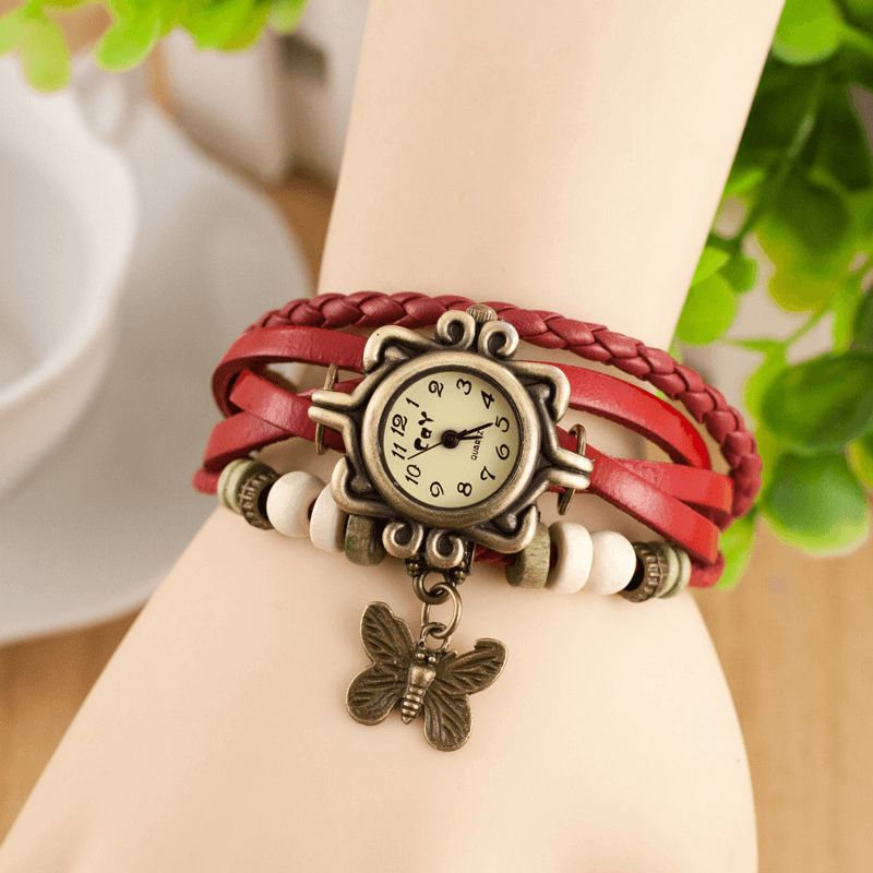 Deffrun Retro Style Flerlager Dam Armband Watch Butterfly Pendant Kvartsur