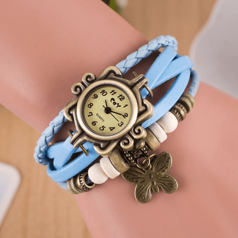 Deffrun Retro Style Flerlager Dam Armband Watch Butterfly Pendant Kvartsur