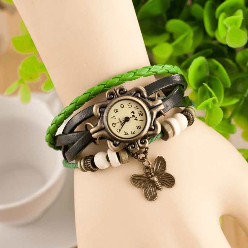 Deffrun Retro Style Flerlager Dam Armband Watch Butterfly Pendant Kvartsur