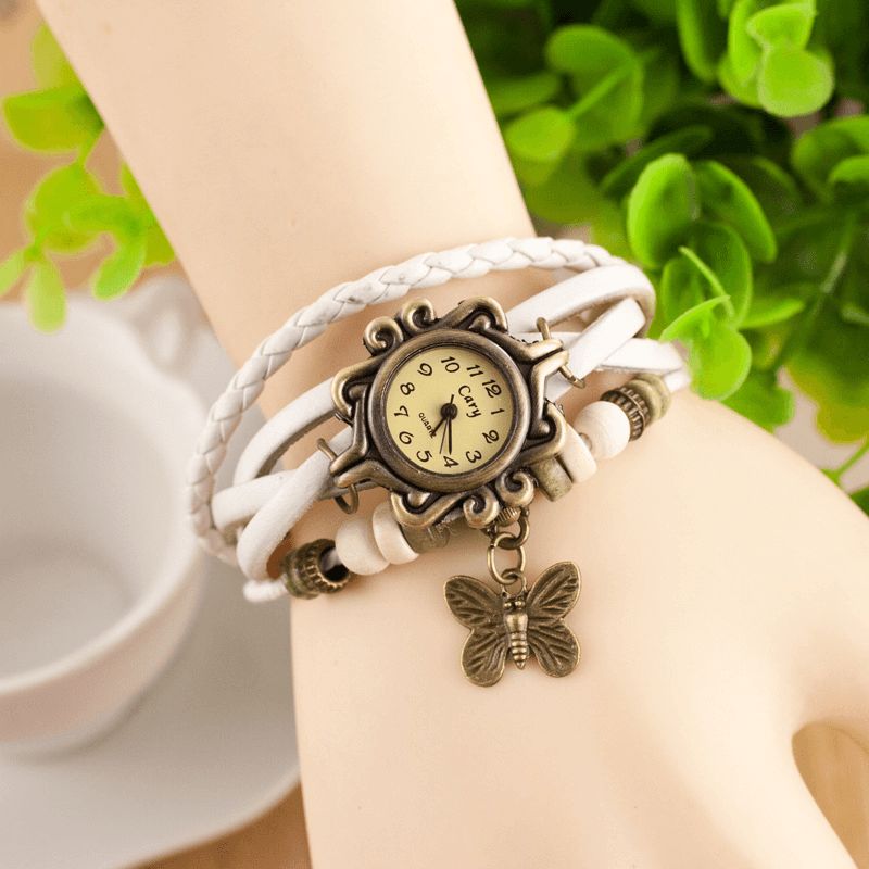 Deffrun Retro Style Flerlager Dam Armband Watch Butterfly Pendant Kvartsur