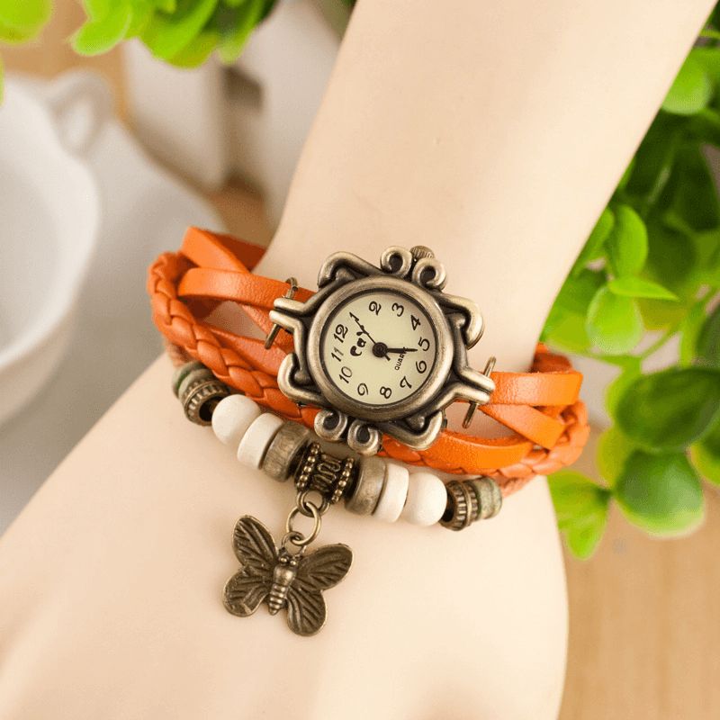 Deffrun Retro Style Flerlager Dam Armband Watch Butterfly Pendant Kvartsur