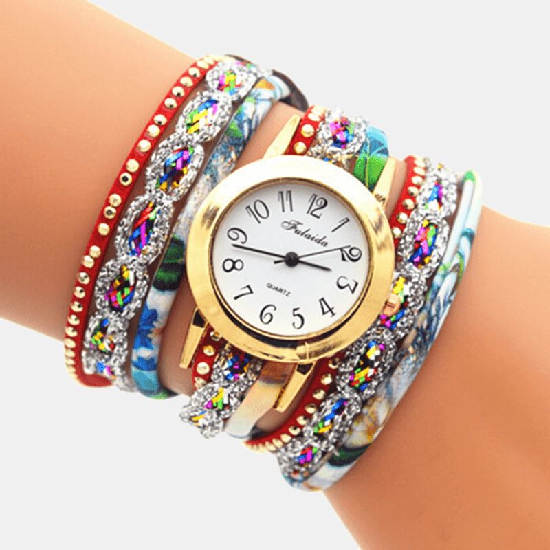 Deffrun Vintage Färgglada Utskrifter Kvinnor Armband Watch Multi-Layer Metal Rhinestone Pu Kvartsur