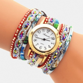 Deffrun Vintage Färgglada Utskrifter Kvinnor Armband Watch Multi-Layer Metal Rhinestone Pu Kvartsur