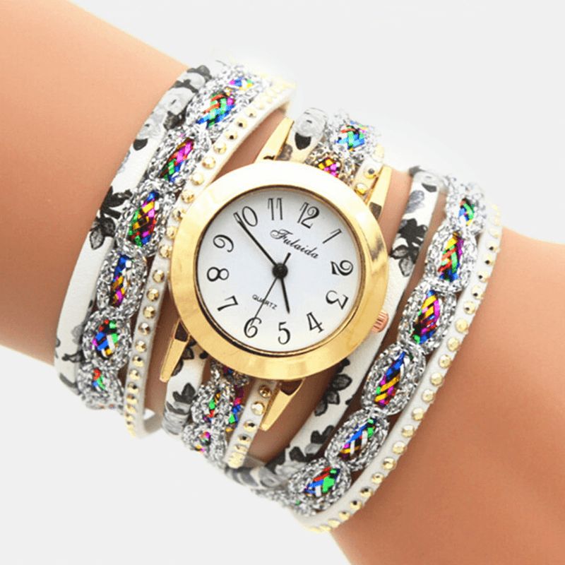 Deffrun Vintage Färgglada Utskrifter Kvinnor Armband Watch Multi-Layer Metal Rhinestone Pu Kvartsur