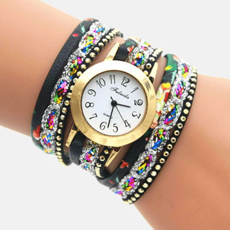 Deffrun Vintage Färgglada Utskrifter Kvinnor Armband Watch Multi-Layer Metal Rhinestone Pu Kvartsur