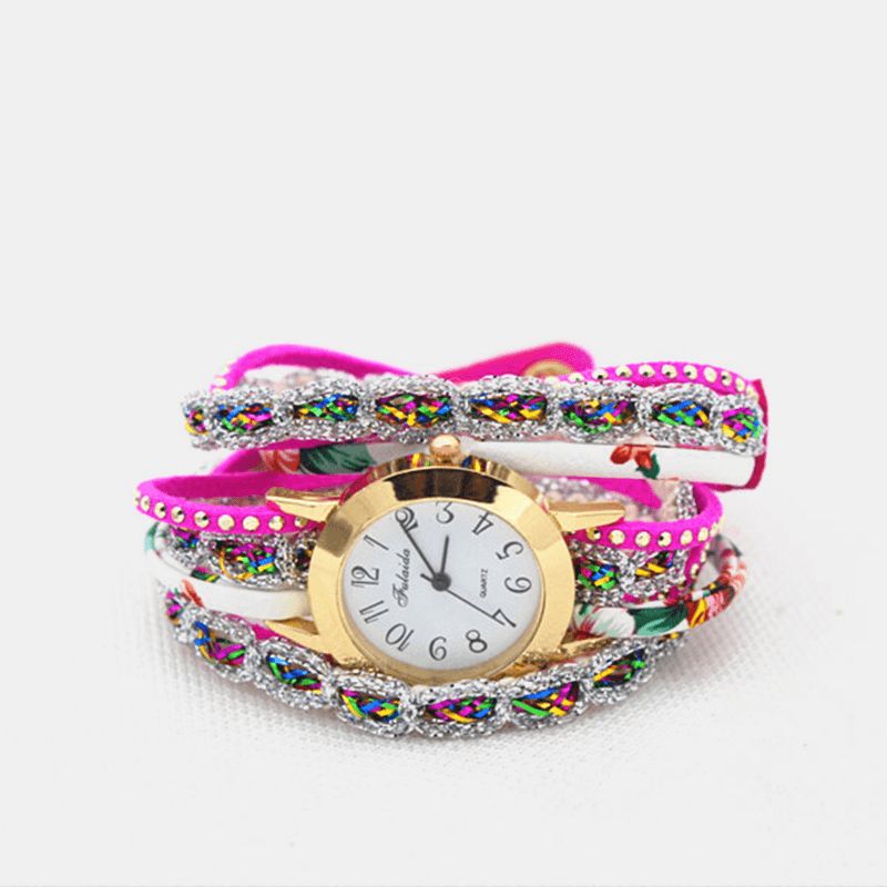 Deffrun Vintage Färgglada Utskrifter Kvinnor Armband Watch Multi-Layer Metal Rhinestone Pu Kvartsur