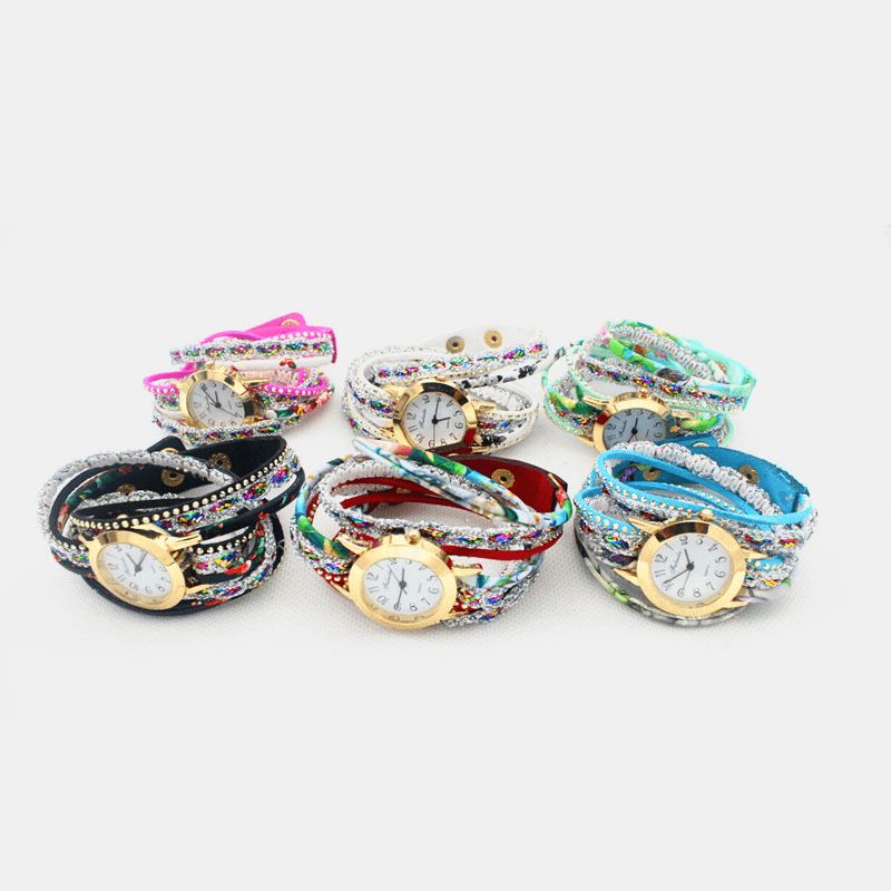 Deffrun Vintage Färgglada Utskrifter Kvinnor Armband Watch Multi-Layer Metal Rhinestone Pu Kvartsur