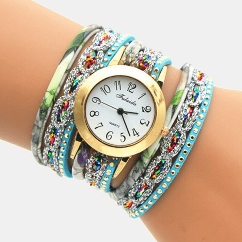 Deffrun Vintage Färgglada Utskrifter Kvinnor Armband Watch Multi-Layer Metal Rhinestone Pu Kvartsur