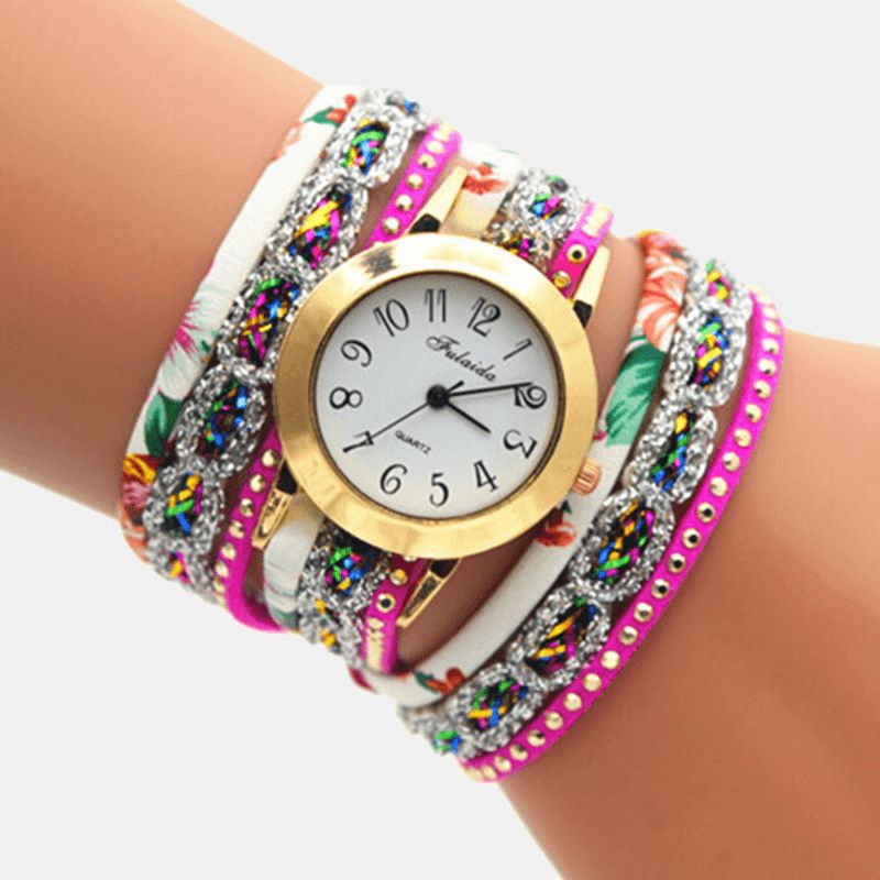 Deffrun Vintage Färgglada Utskrifter Kvinnor Armband Watch Multi-Layer Metal Rhinestone Pu Kvartsur