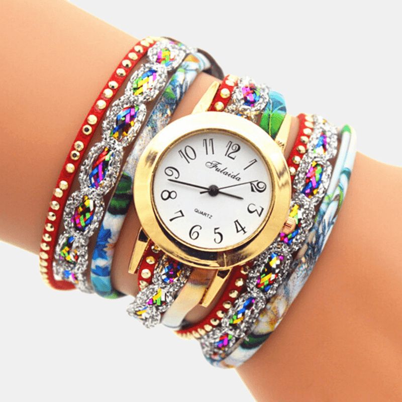 Deffrun Vintage Färgglada Utskrifter Kvinnor Armband Watch Multi-Layer Metal Rhinestone Pu Kvartsur