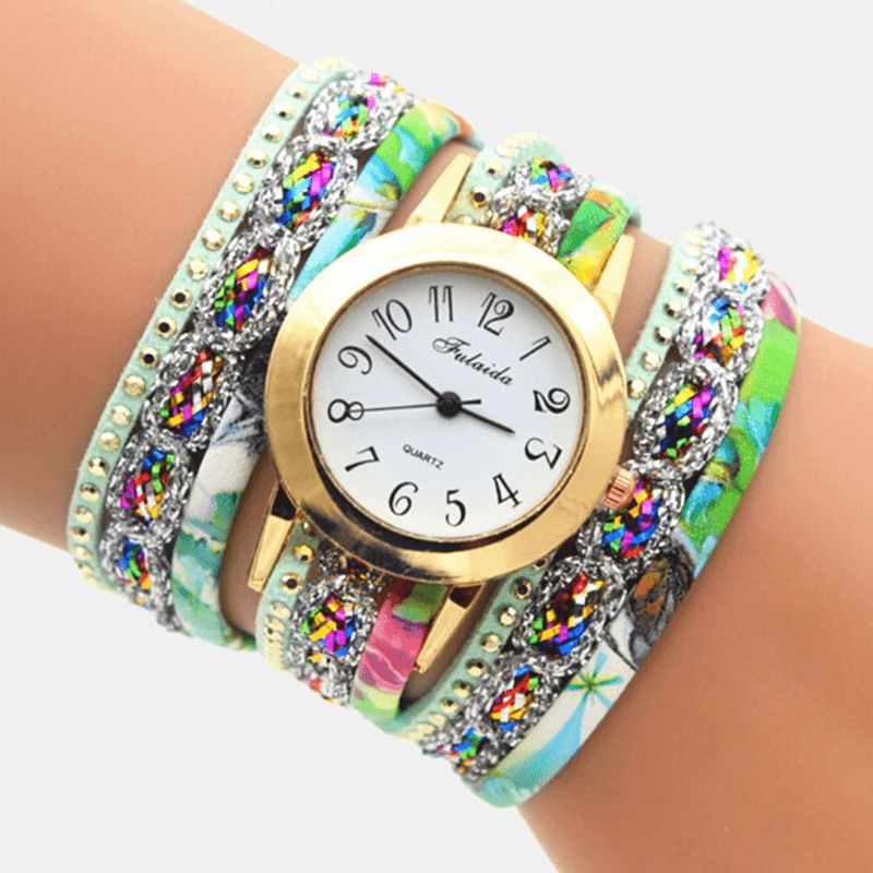 Deffrun Vintage Färgglada Utskrifter Kvinnor Armband Watch Multi-Layer Metal Rhinestone Pu Kvartsur