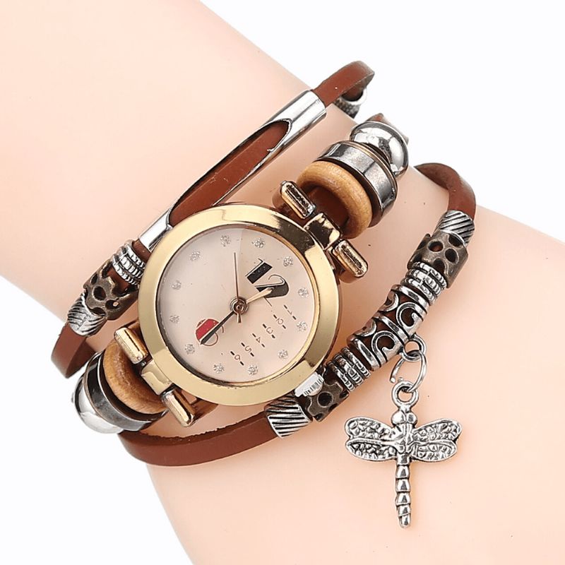 Deffrun Vintage Flerlager Dam Armband Watch Diamond Dragonfly Hänge Läderband Kvartsklocka