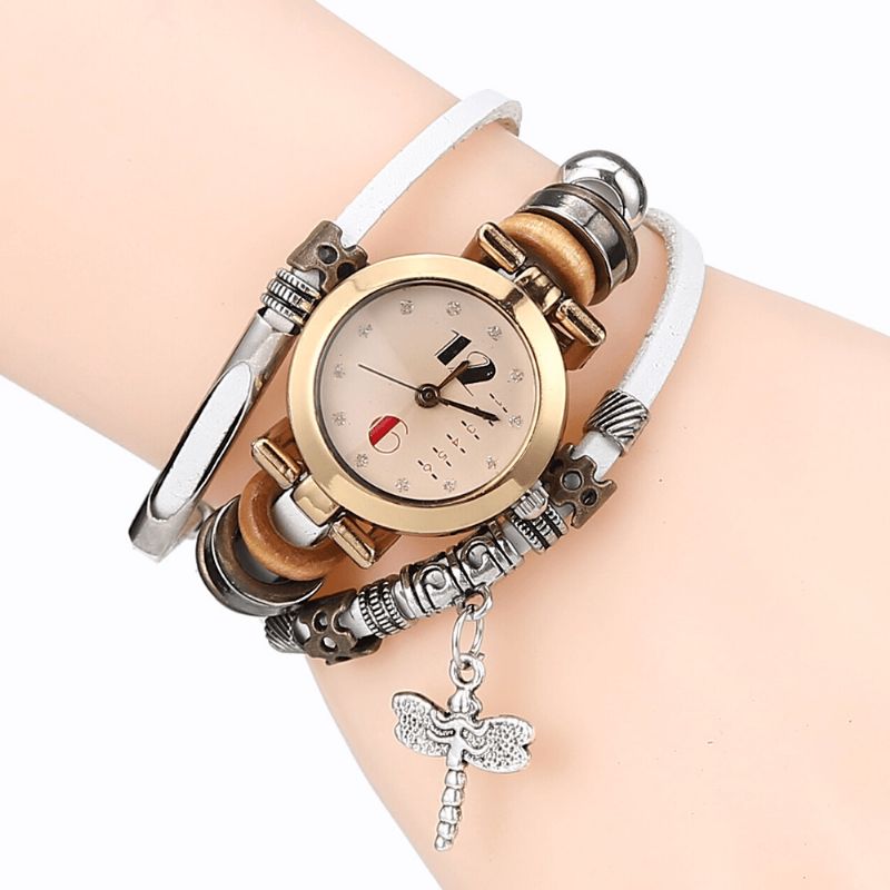 Deffrun Vintage Flerlager Dam Armband Watch Diamond Dragonfly Hänge Läderband Kvartsklocka