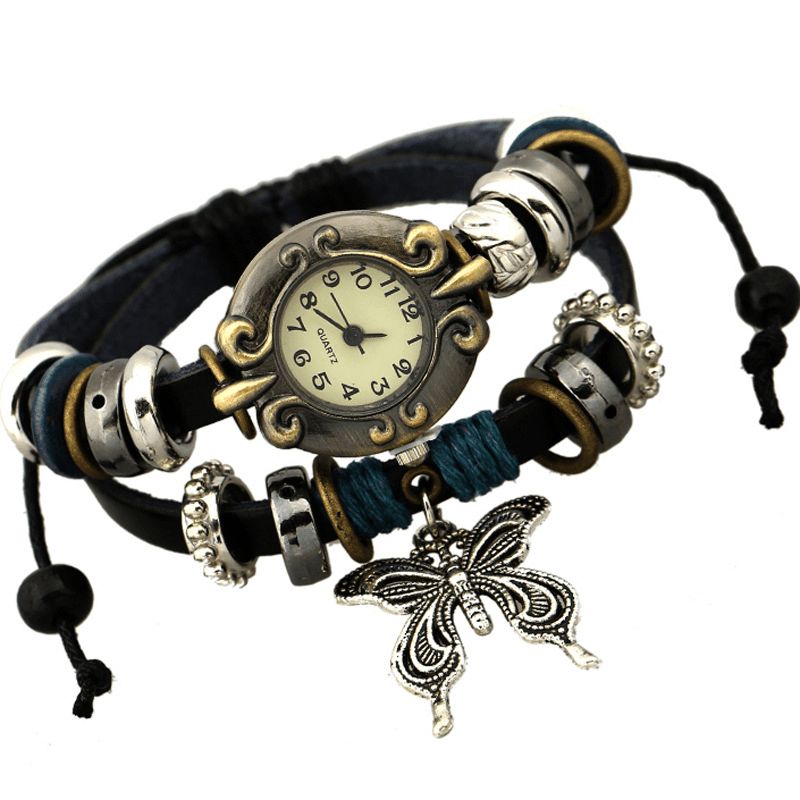 Deffrun Vintage Multilayer Cow Leather Dam Armband Watch Butterfly Pendant Kvartsur