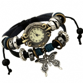 Deffrun Vintage Multilayer Cow Leather Dam Armband Watch Butterfly Pendant Kvartsur