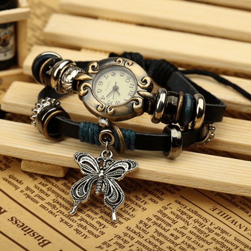 Deffrun Vintage Multilayer Cow Leather Dam Armband Watch Butterfly Pendant Kvartsur