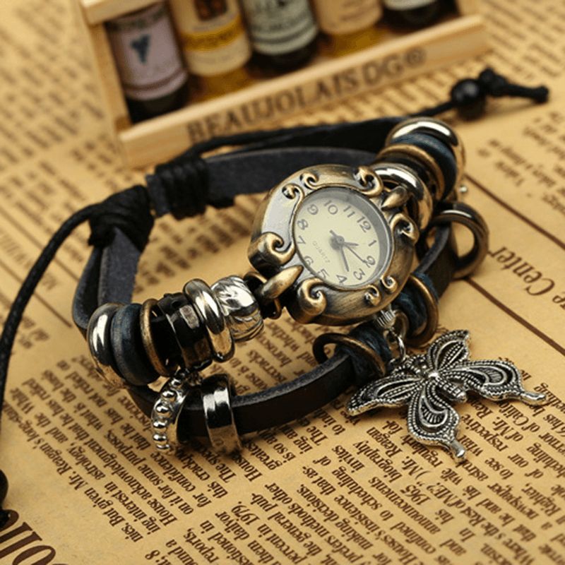 Deffrun Vintage Multilayer Cow Leather Dam Armband Watch Butterfly Pendant Kvartsur