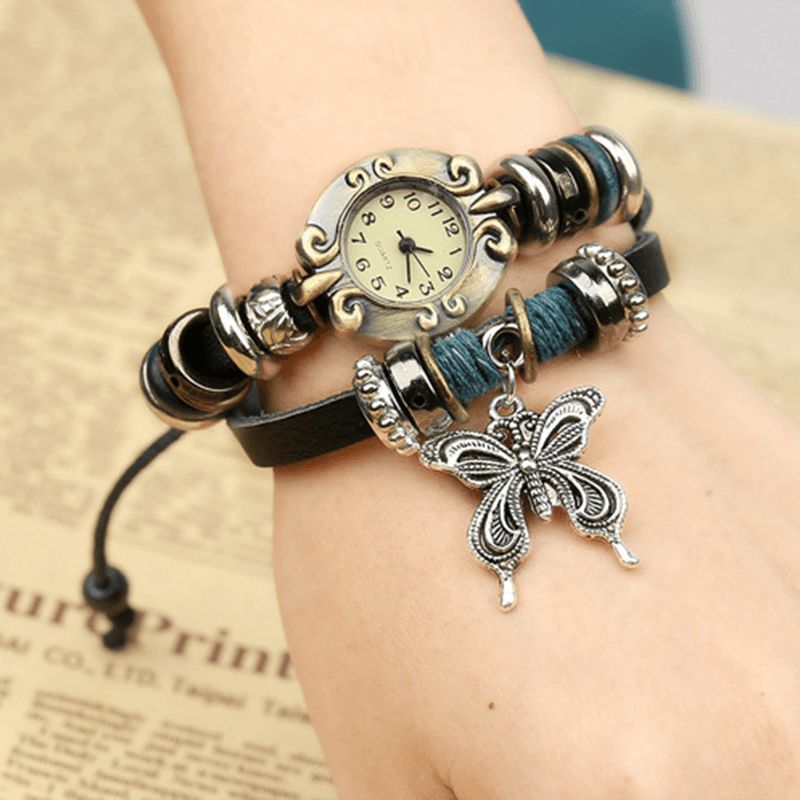 Deffrun Vintage Multilayer Cow Leather Dam Armband Watch Butterfly Pendant Kvartsur