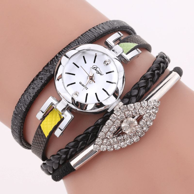 Duoya D256 Retro Style Dam Armband Watch Diamond Gift Läderrem Kvartsur