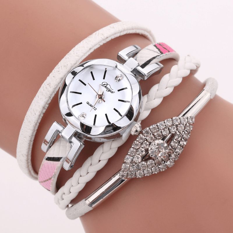 Duoya D256 Retro Style Dam Armband Watch Diamond Gift Läderrem Kvartsur