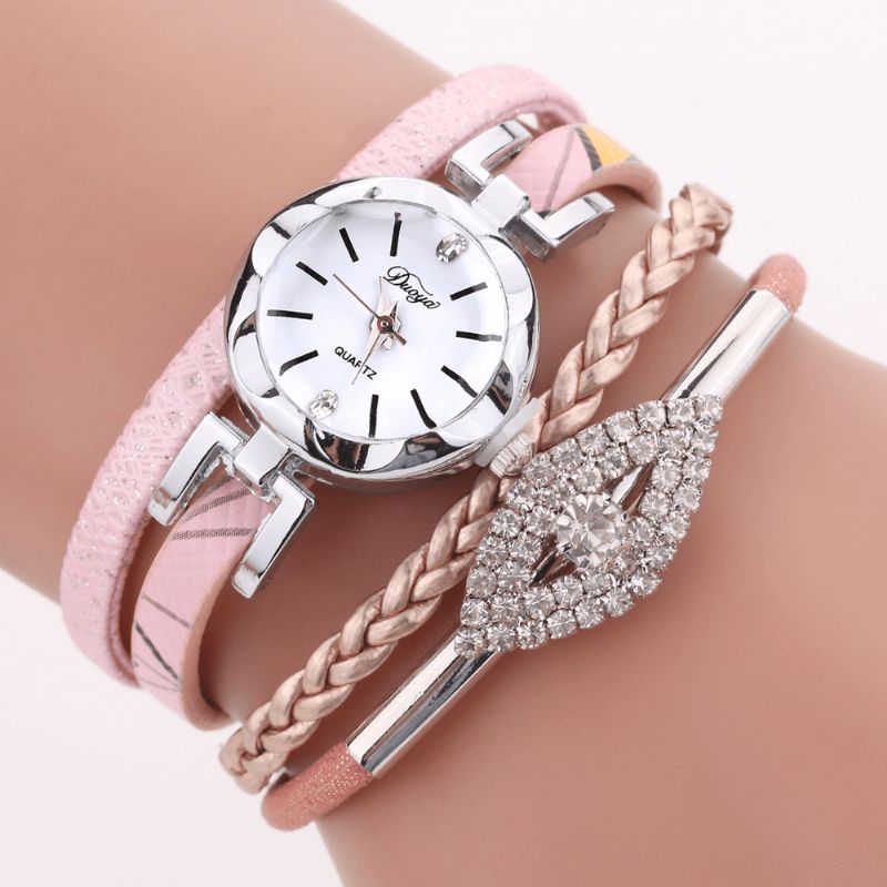 Duoya D256 Retro Style Dam Armband Watch Diamond Gift Läderrem Kvartsur