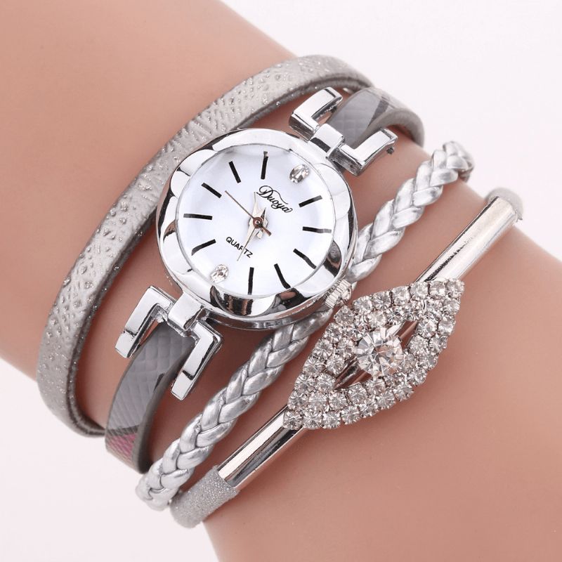 Duoya D256 Retro Style Dam Armband Watch Diamond Gift Läderrem Kvartsur