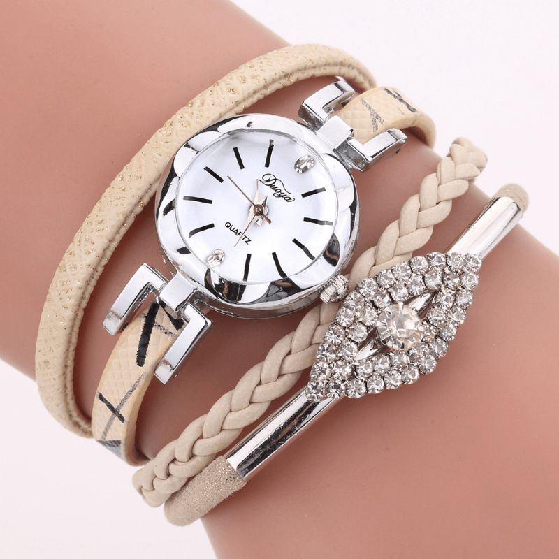 Duoya D256 Retro Style Dam Armband Watch Diamond Gift Läderrem Kvartsur