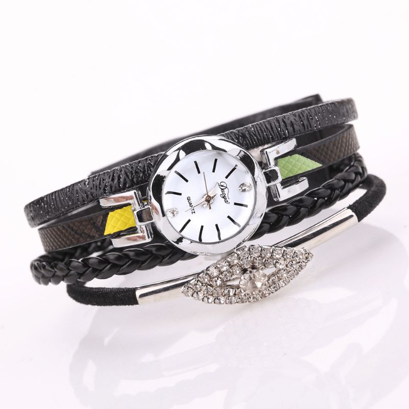 Duoya D256 Retro Style Dam Armband Watch Diamond Gift Läderrem Kvartsur