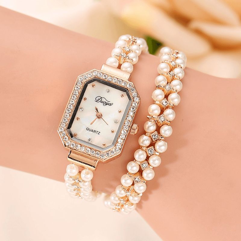 Duoya Kvinnor Pearl Armband Rund Fyrkantig Crystal Case Kvartsur