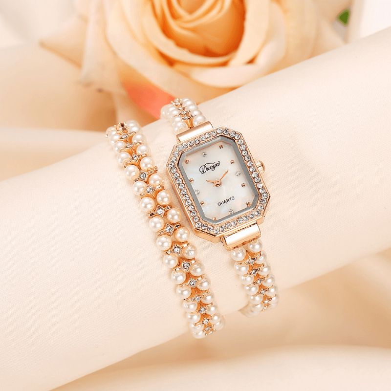 Duoya Kvinnor Pearl Armband Rund Fyrkantig Crystal Case Kvartsur