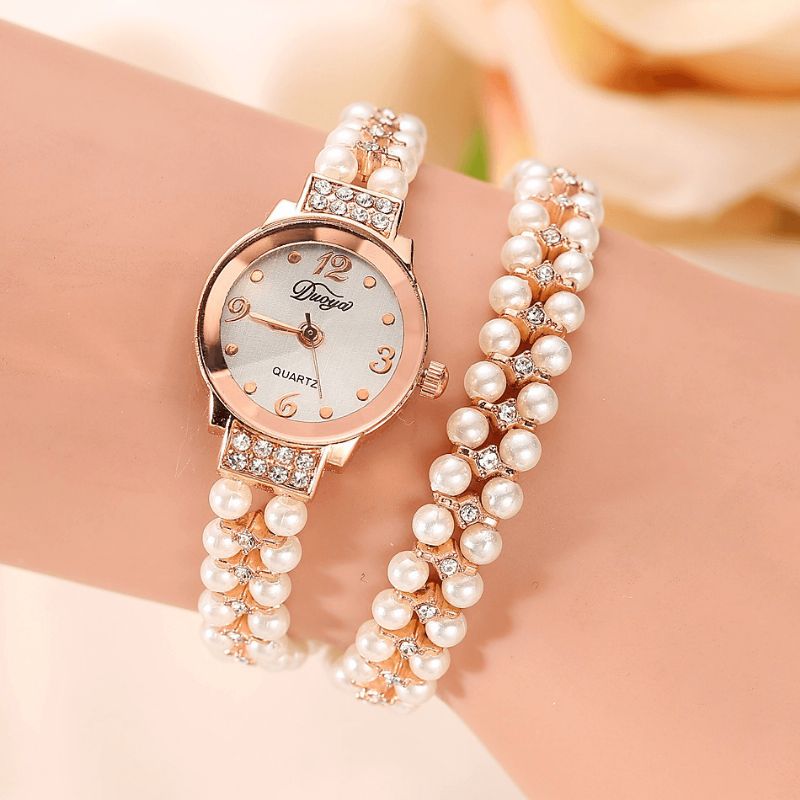 Duoya Kvinnor Pearl Armband Rund Fyrkantig Crystal Case Kvartsur