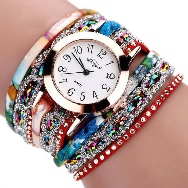 Duoya Xr1886 Retro Style Armband Watch Flower Picture Dam Kvartsur