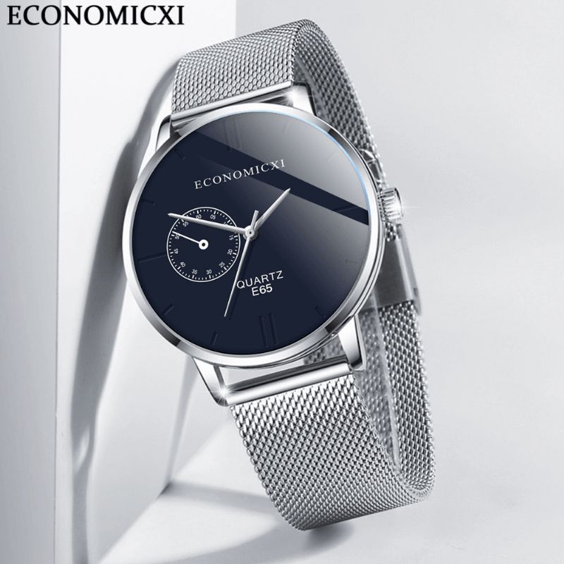 Economicxi E65 Casual Style Ultra Tunn Herrarmbandsur Mesh Stålband Quartz Klockor