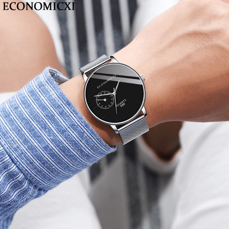 Economicxi E65 Casual Style Ultra Tunn Herrarmbandsur Mesh Stålband Quartz Klockor