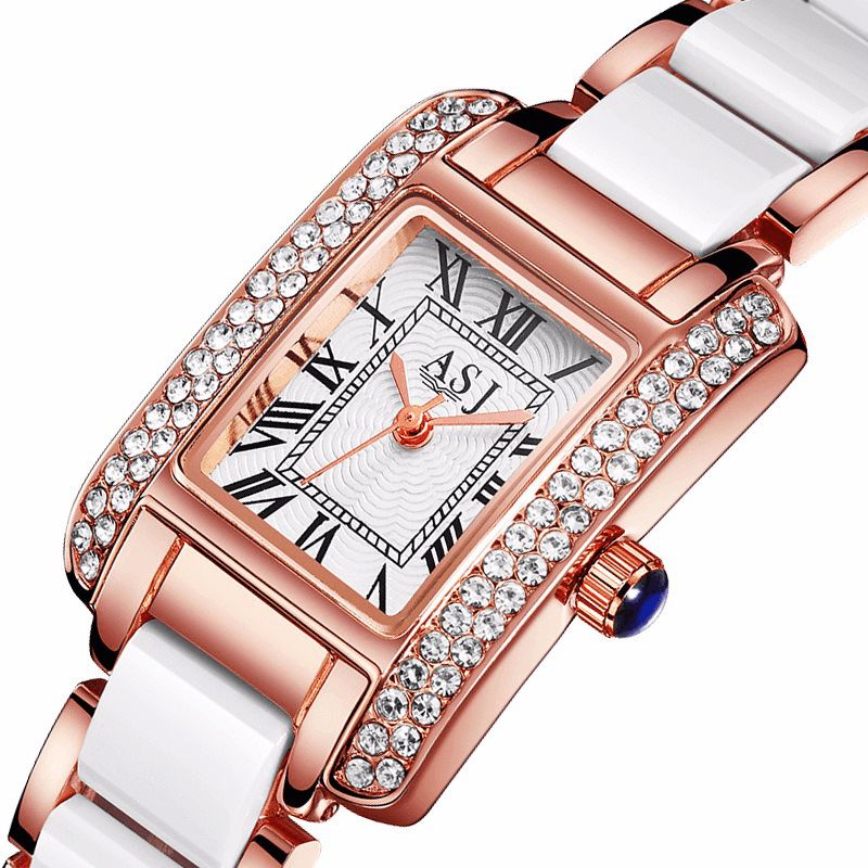 Elegant Keramisk Rem Crystal Case Romerska Siffror Dial Kvinnor Dam Klänning Kvartsur