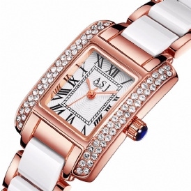 Elegant Keramisk Rem Crystal Case Romerska Siffror Dial Kvinnor Dam Klänning Kvartsur