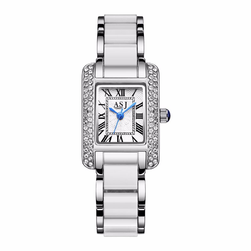 Elegant Keramisk Rem Crystal Case Romerska Siffror Dial Kvinnor Dam Klänning Kvartsur