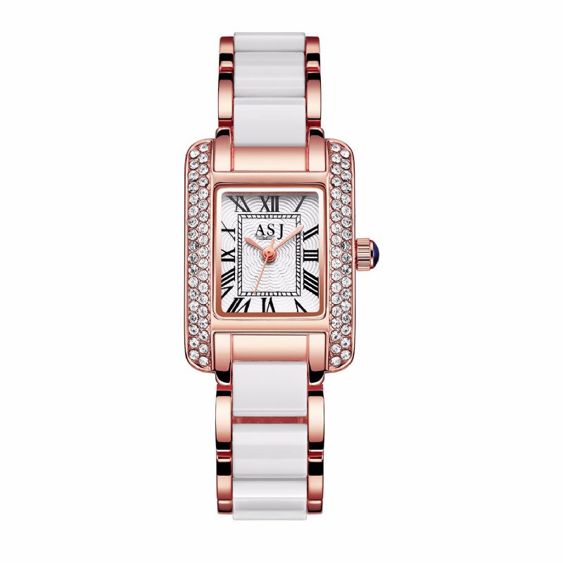 Elegant Keramisk Rem Crystal Case Romerska Siffror Dial Kvinnor Dam Klänning Kvartsur