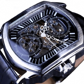 Forsining Gmt911 Mode Män Watch Hollow Gravering Design Läderrem Mekanisk Watch